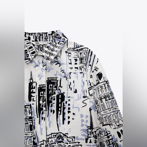 Zara Tied Button-down Shirt Size Small White Black Printed Top Flared Cuffs - Picture 7 of 11